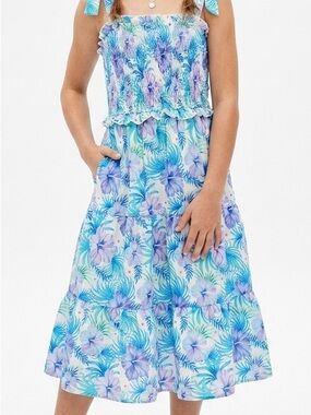 Tropical Floral Smocked Tiered Maxi Dress with Pockets Girls size 12